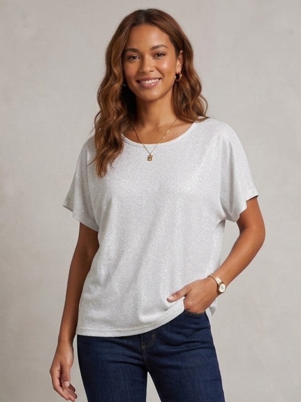 Cervelle Vintage Silver Sparkle Metallic Top, Plus Size 1X, Short Sleeve